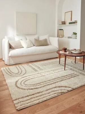 Tapis shaggy à poils long motif graphique beige